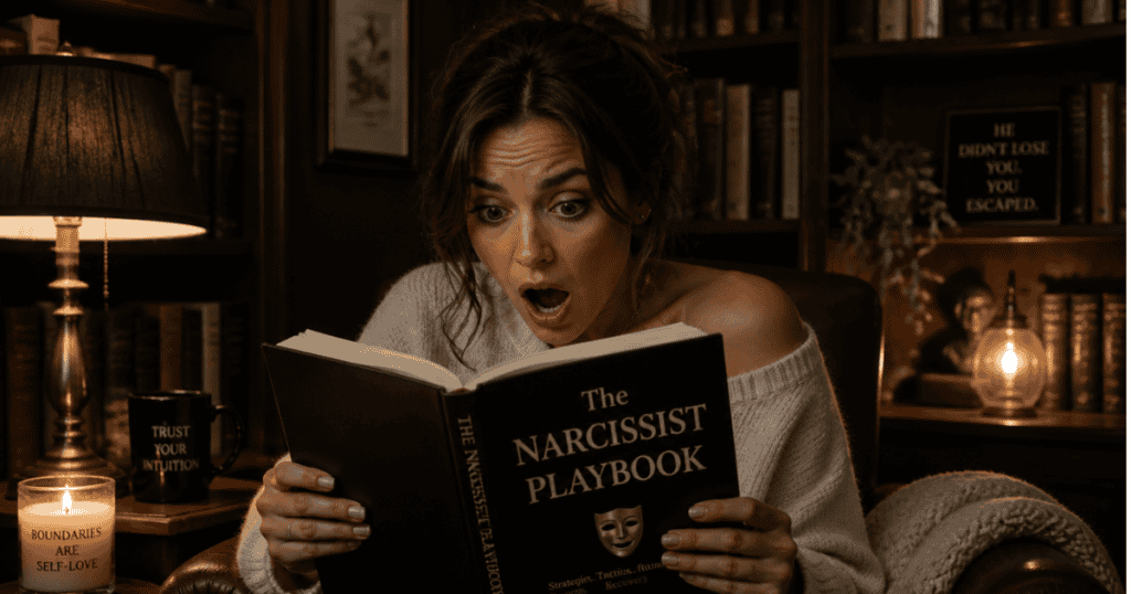 A woman reads a book titled "The Narcissist Playbook" with a shocked expression, depicting the eye-opening moment when manipulative patterns are finally unmasked.