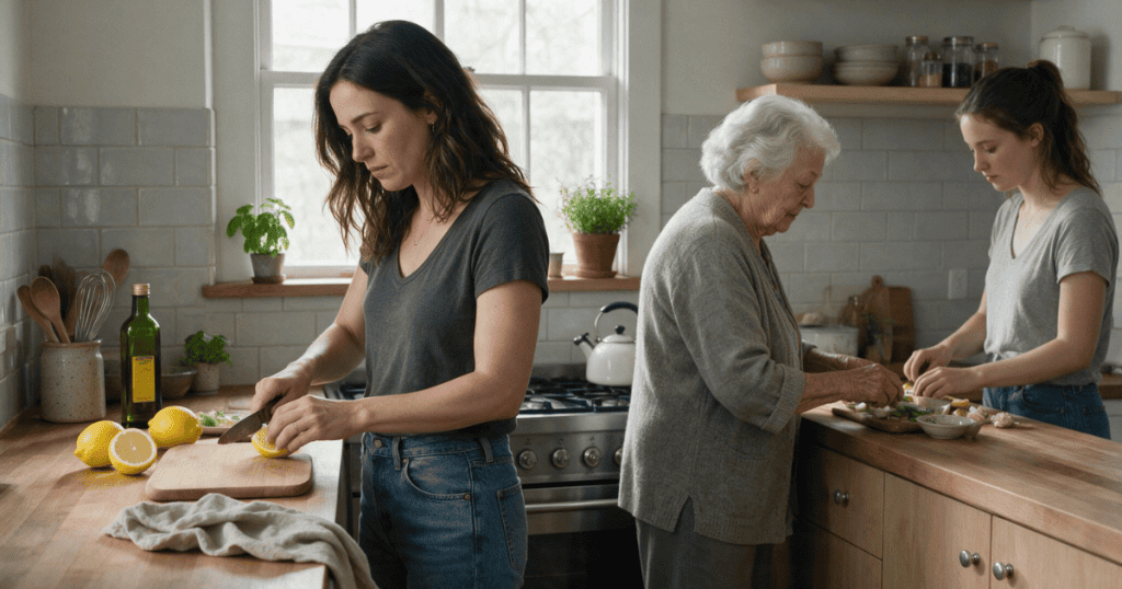 Three women of different generations stand side-by-side quietly preparing food along a kitchen counter, capturing the shared intergenerational weight of domestic expectations.