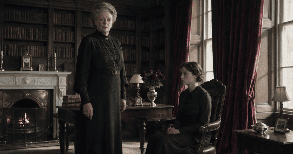 An older, stern woman in dark clothing stands over a seated young woman in a dimly lit library, capturing the heavy weight of traditional authority and quiet expectation.