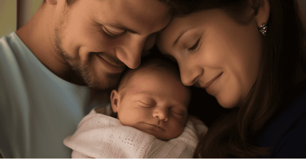 A mother and father gently touch foreheads while lovingly cradling a sleeping newborn, depicting the sudden introduction of profound family dreams used to distract from unresolved conflict.