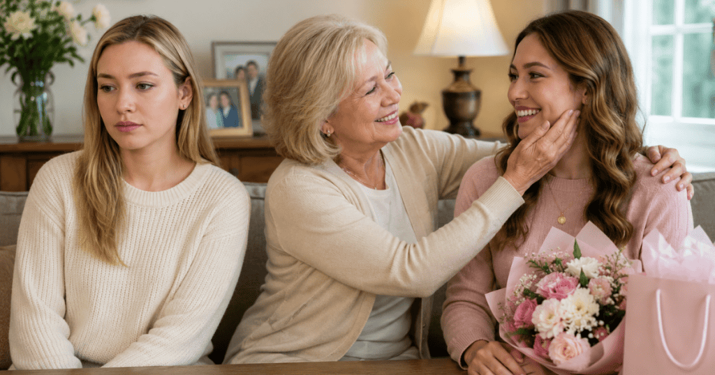 An older woman caresses the cheek of a smiling young woman holding flowers while another woman looks away in deep hurt, capturing the painful dynamic of overt favoritism and emotional alienation.