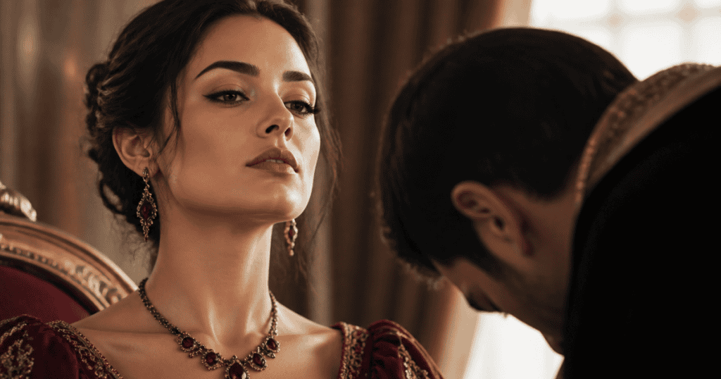 A regal woman adorned in jewels looks ahead distantly while a man bows his head beside her, portraying a cold boundary of emotional detachment.