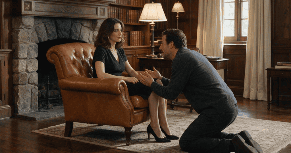 A man kneels pleadingly in front of a woman seated composedly in a leather armchair by a fireplace, illustrating the desperate bids for control when a balance of power shifts.