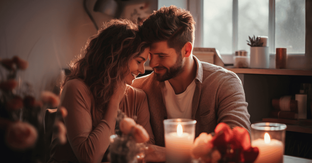 A smiling couple leans in close together over a candlelit table, capturing how quick bursts of manufactured romance are used to wipe the slate clean.