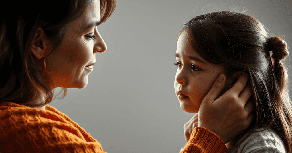 A mother firmly holds her young daughter’s face while looking at her intently, portraying a rigid, controlling expectation disguised as care.