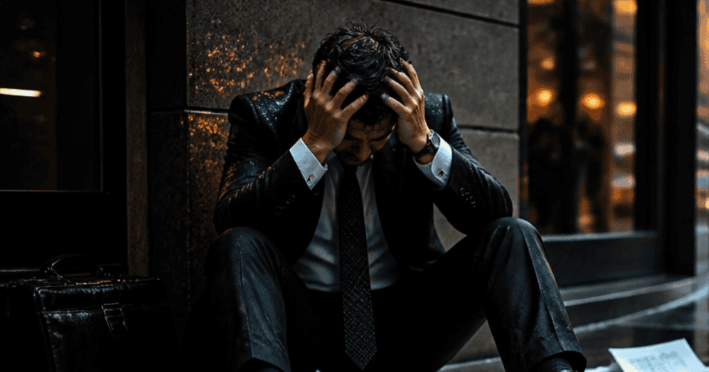 A man in a suit sits on a wet city sidewalk holding his head in despair, illustrating the overwhelming aftermath of inevitable, self-inflicted collapse.