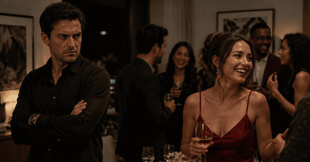 A woman laughs freely with a glass of wine at a party while a man stands off to the side with folded arms, portraying the tension between genuine joy and brooding possessiveness.