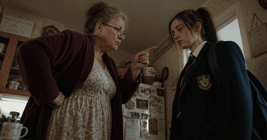 An older woman in a bathrobe scolds a young girl in a school uniform, capturing the harsh domestic judgment that leaves a lasting emotional impact.