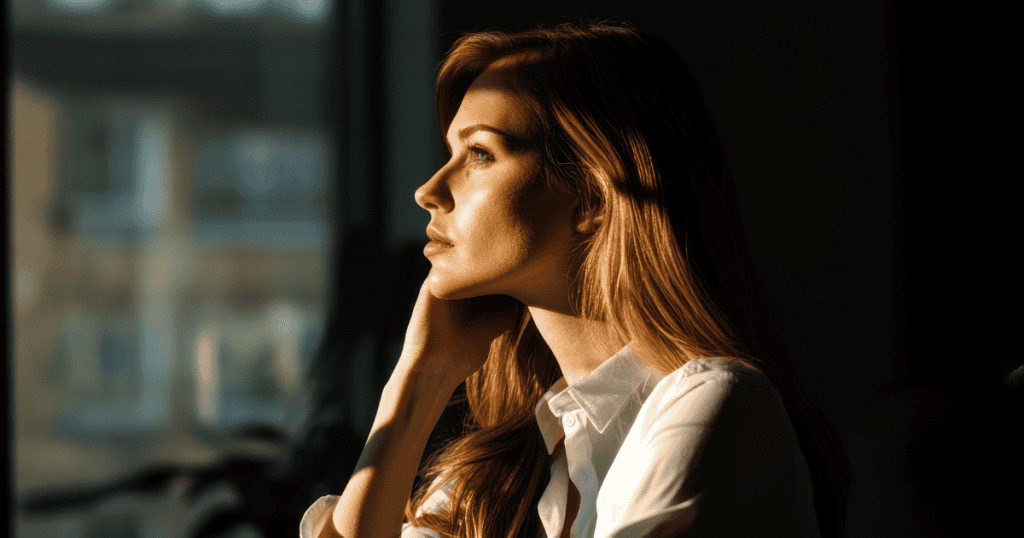 A woman sits thoughtfully in profile as sunlight streams across her face, reflecting the quiet inner shift toward recognizing individual self-worth.