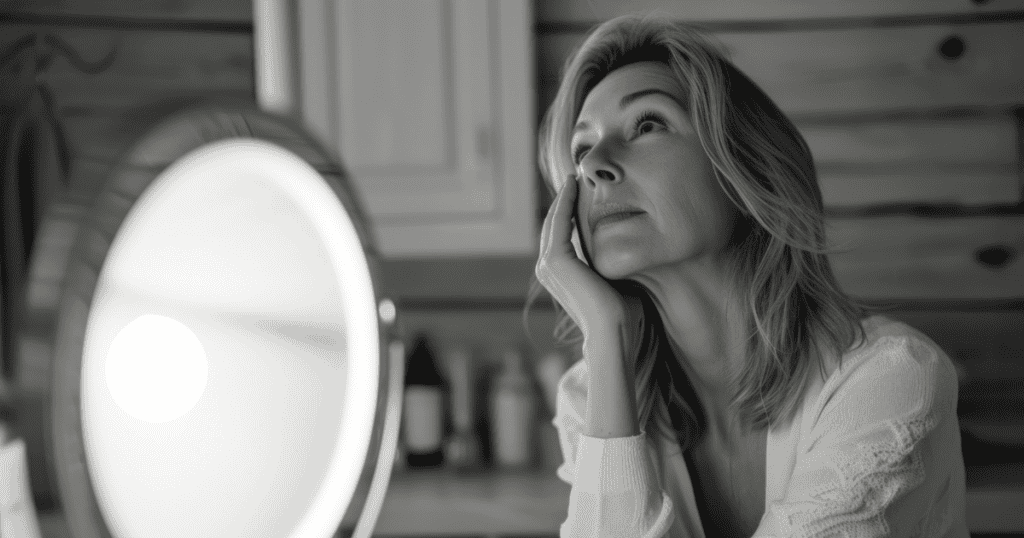A woman rests her chin on her hand while gazing into a illuminated mirror, portraying a moment of deep introspection and gentle self-discovery.