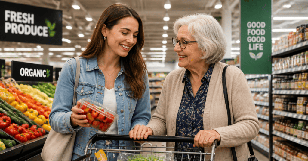 A young woman and an older woman share a warm smile while selecting strawberries together in a grocery aisle, portraying a peaceful dynamic contrasted against false accusations of unappreciation.