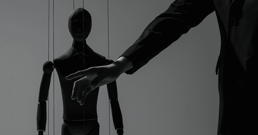 A puppeteer’s hand reaches toward strings attached to a stylized wooden figure, visually representing the unseen control and calculation operating behind the scenes.