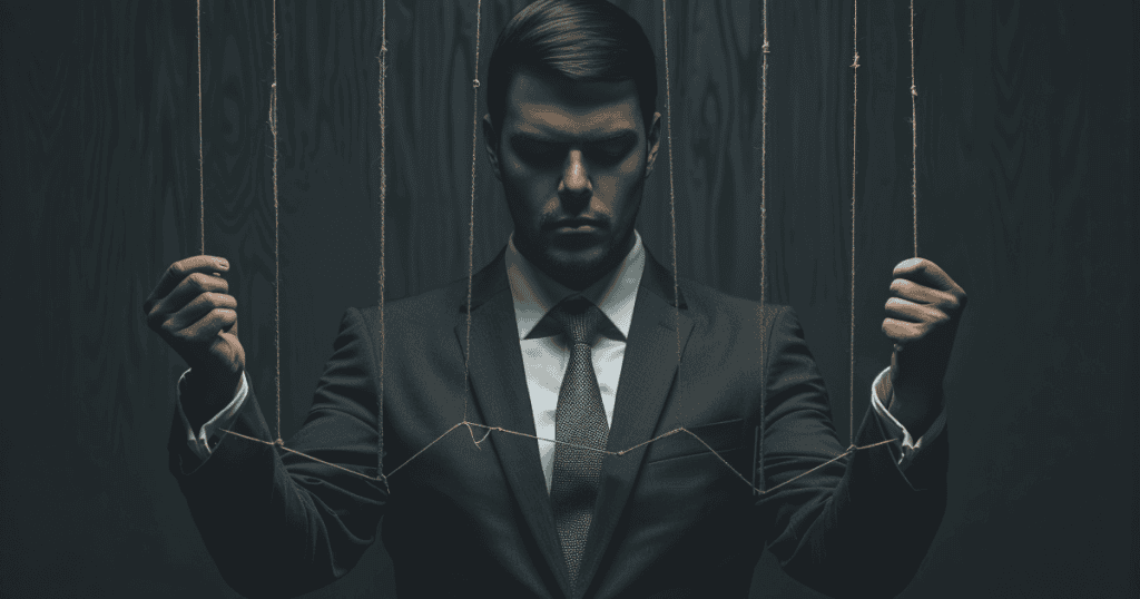 A man in a dark suit stands with closed eyes manipulating hanging marionette strings, symbolizing the deliberate pulling of strings to dictate another person's actions.