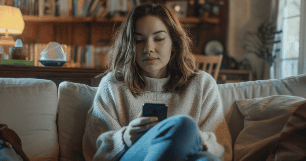 A woman calmly scrolling her phone at home with a composed, unbothered expression, embodying the quiet power of detachment that a narcissist cannot manipulate or provoke.