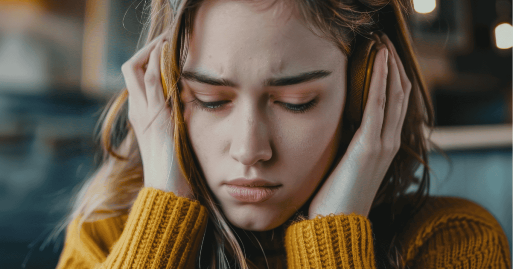 A young woman presses a pair of yellow headphones firmly over her ears with a pained, downward gaze, portraying the deep overwhelm of trying to block out toxic noise and emotional stress.