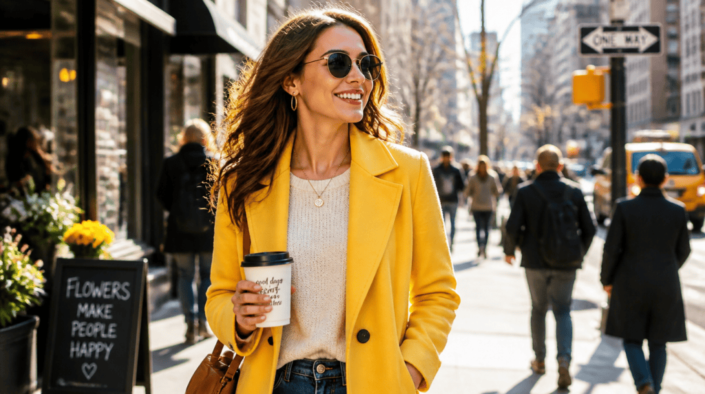 A smiling woman in a bright yellow coat walks confidently down a sunlit city street, embodying the vibrant sense of freedom that comes with stepping into a new chapter.