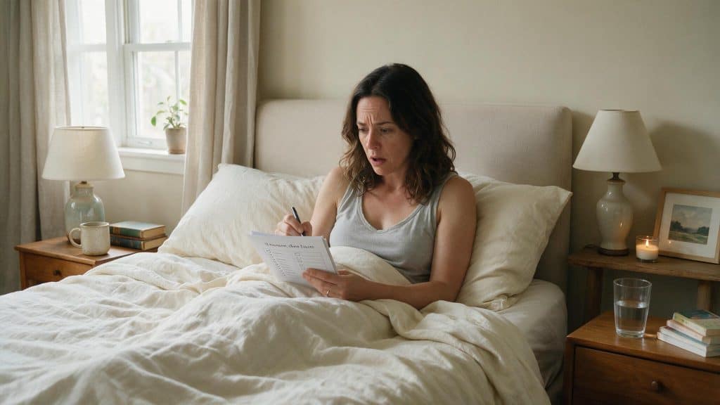 A woman sits up in bed looking distressed while filling out a checklist on a piece of paper, capturing the anxious realization of recognizing a long list of unsettling patterns.