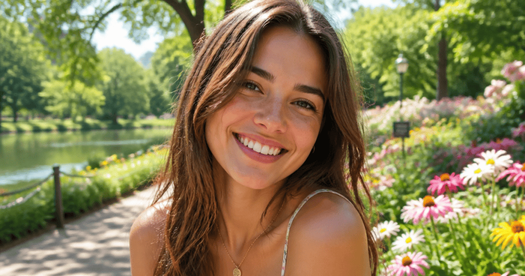 A woman smiles warmly at the camera amidst a vibrant garden of pink and yellow flowers, embodying the vibrant peace found after walking away from toxic turmoil.