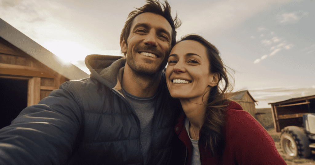 A smiling couple takes a close selfie together in the golden light outside a rustic wooden farm shed, capturing the authentic warmth and mutual ease of a genuinely supportive partnership.