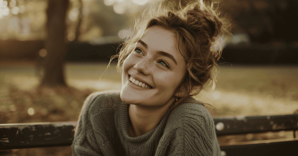 A young woman with freckles smiles brightly as she looks up toward the sky, showcasing the pure contentment of realizing you are already enough.