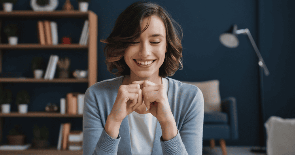A woman smiles with quiet joy while resting her chin on clasped hands in a warm living space, embodying the peaceful relief of returning to a safe and grounded sense of self.