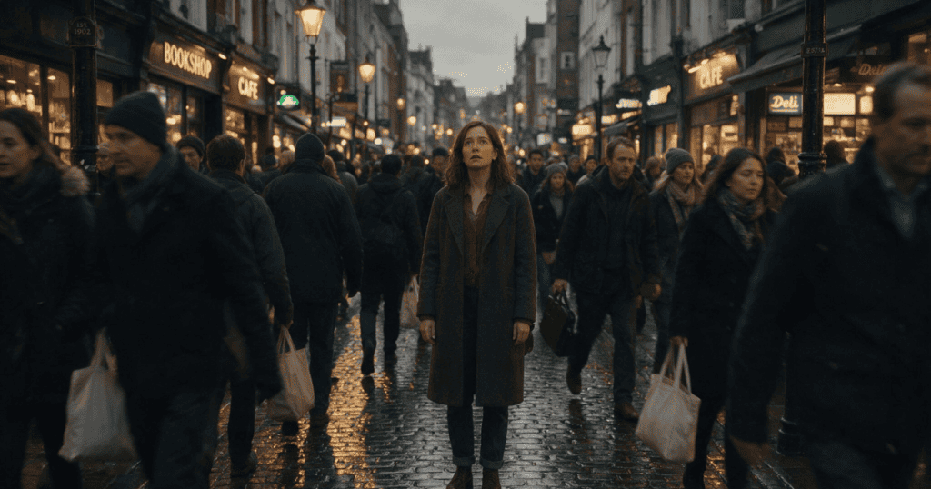 A woman stands still in the middle of a crowded, bustling city sidewalk while people walk past her, depicting an inner sense of steady truth amidst a sea of noise and distraction.