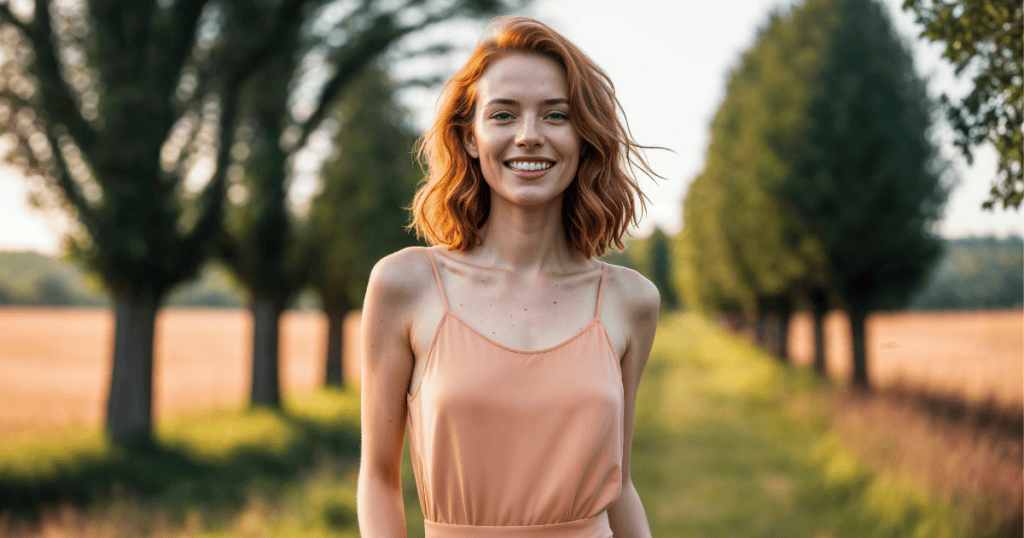 A red-haired woman walks forward with a bright, open smile along a tree-lined country path, showcasing the radiant freedom and clarity found on the other side of toxicity.
