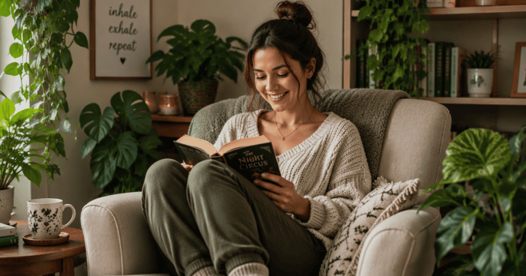 A woman relaxes peacefully in an armchair reading a book amidst lush indoor plants, embodying the quiet comfort found in solitude and personal reflection.