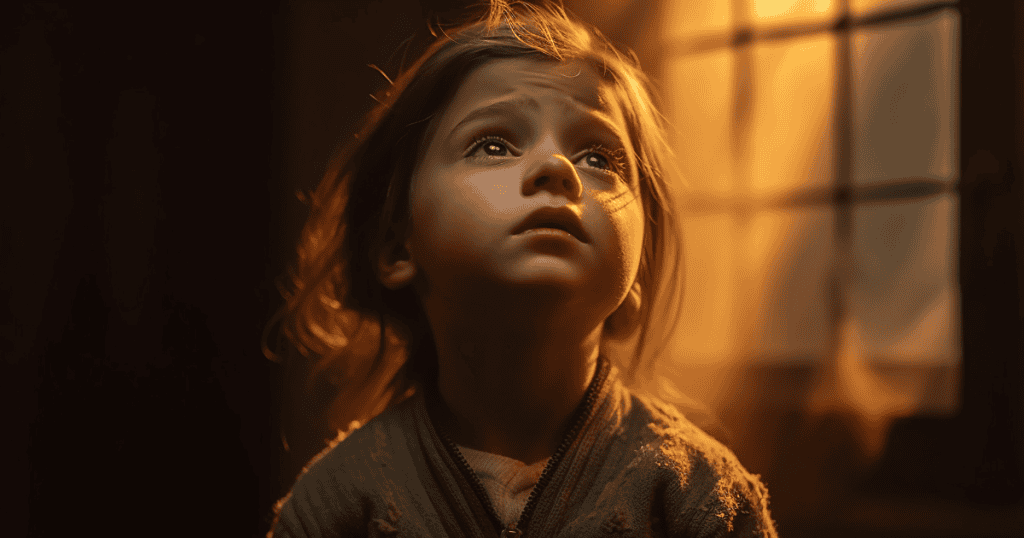 A young child looks upward toward a window with wide, sorrowful eyes in dim lighting, portraying the quiet longing and vulnerability of navigating an emotionally fragile environment.