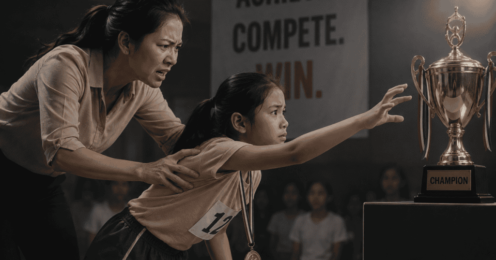 An anxious mother aggressively pushes her reluctant young daughter toward a gold champion trophy, illustrating the intense pressure placed on children when adult validation depends solely on high achievement.