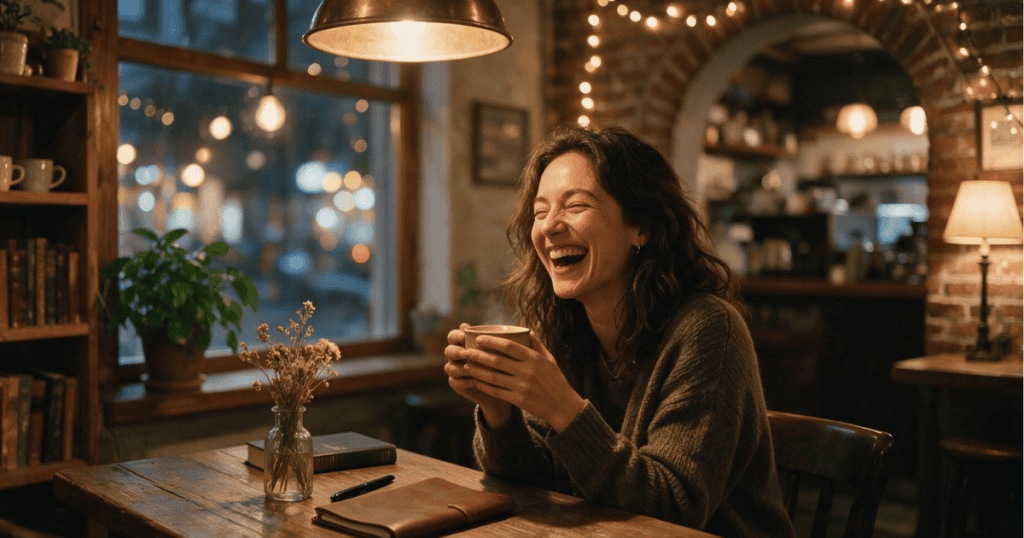A woman laughs heartily with eyes closed while holding a warm mug in a cozy cafe, reflecting genuine, unburdened joy restored in a safe space.
