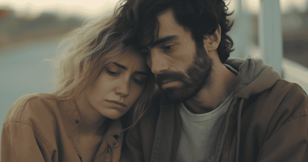A distressed woman leans her head against a somber man's shoulder, portraying the deep emotional vulnerability that makes quick reconciliation tactics so disarming.