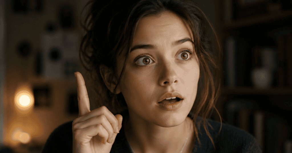 A wide-eyed young woman raises her index finger with a sudden look of realization, representing the moment of sudden clarity when calculated behaviors are finally understood.
