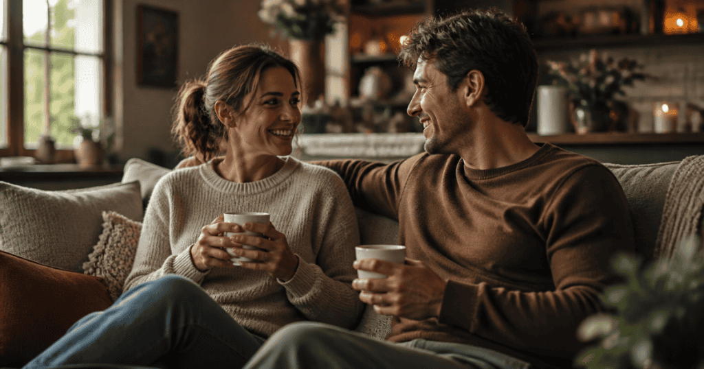 A man and woman sit together on a cozy couch sharing warm drinks and lighthearted laughter, reflecting the ease and comfort of a safe, mutual connection.