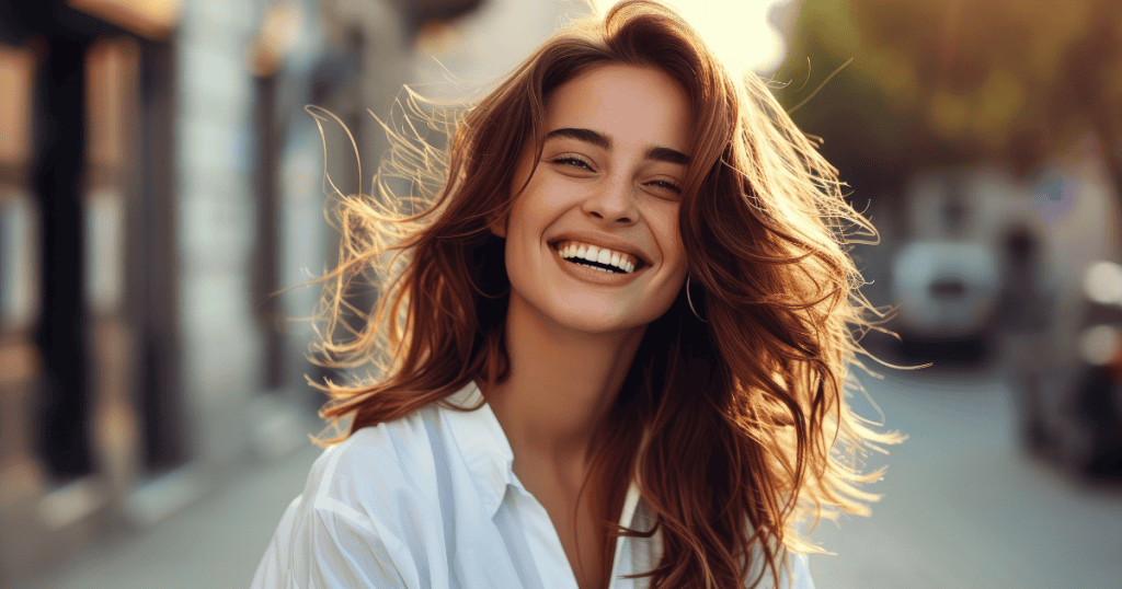 A woman with windswept hair radiates joy with a bright smile on a sunlit city street, embodying the lightweight freedom and clarity that comes with reclaiming your peace.