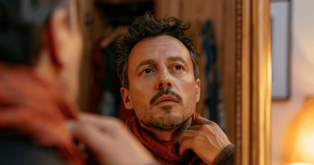 A man gazes intently at his own reflection while adjusting a scarf, his self-focused pose hinting at the telltale signs of narcissistic behavior.