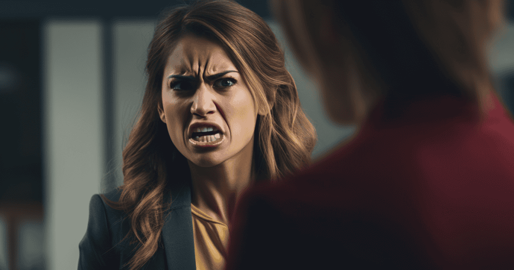 A woman grits her teeth with an enraged, furious expression while confronting someone face-to-face, capturing the sudden flare of narcissistic rage when control is challenged.