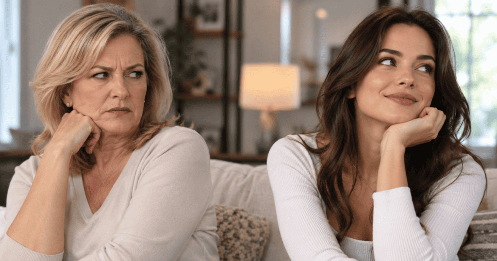 A seated young woman looks away with a knowing, unbothered smirk while an older woman scowls beside her, capturing the quiet triumph of becoming entirely unaffected by deliberate provocation.