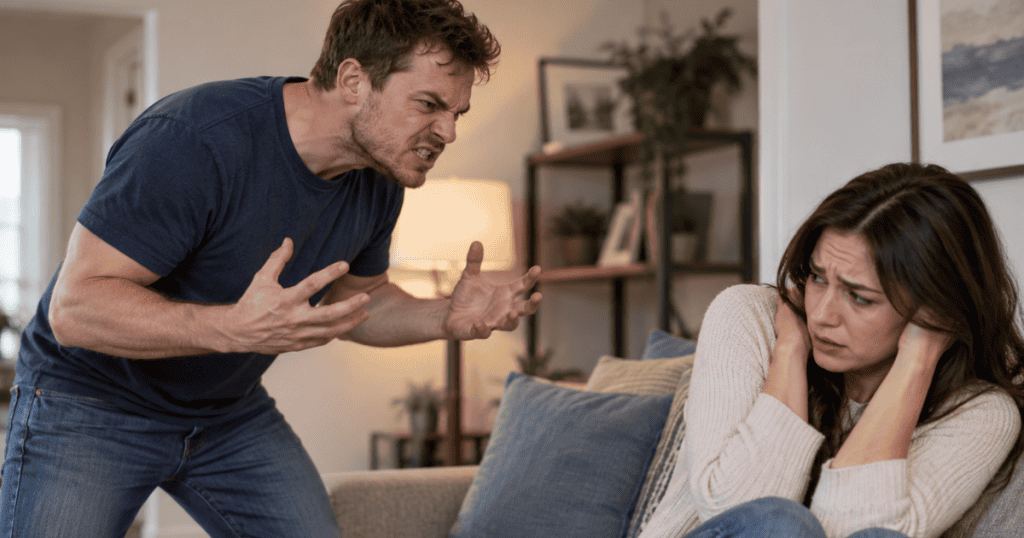 A furious man towers aggressively over a cowering woman covering her ears on a living room sofa, illustrating the terrifying volatility of sudden emotional explosions.