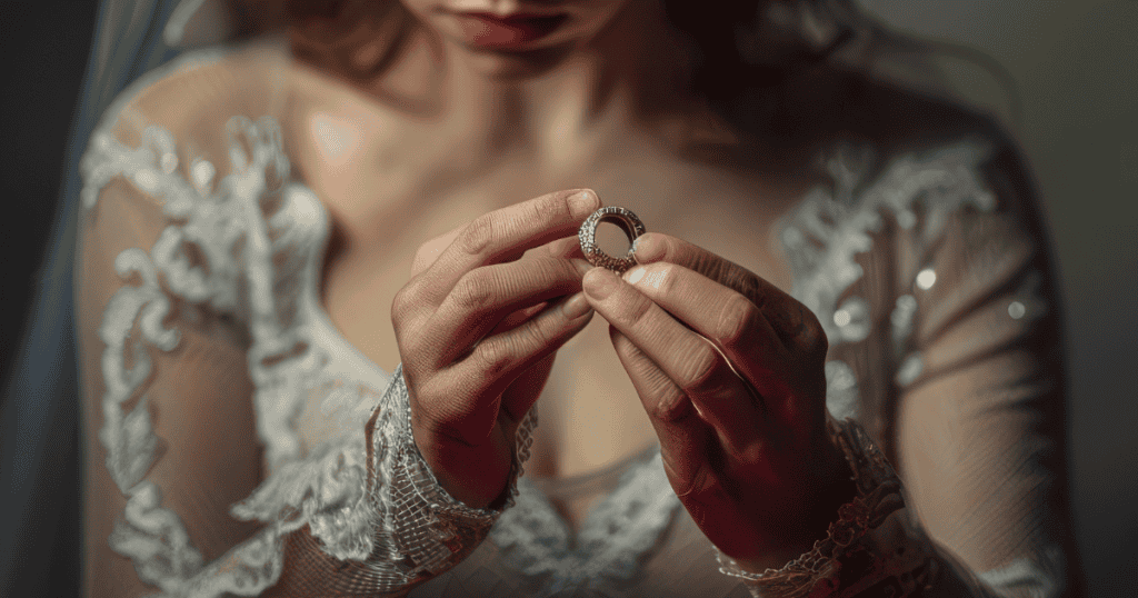 A bride delicately turns a wedding band between her fingertips, symbolizing the quiet doubt and heavy hesitation setting in over a fractured promise.