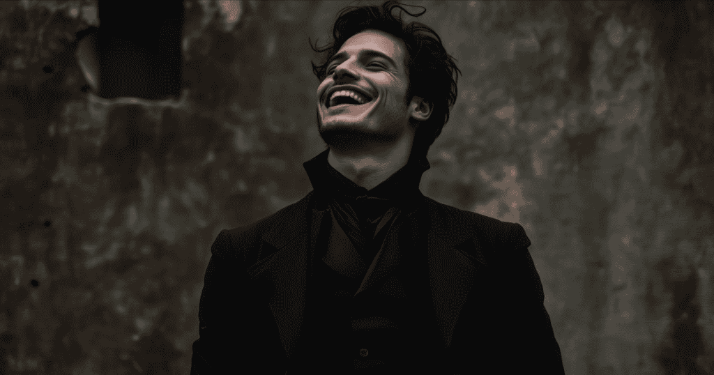A man in a black vintage-style suit laughs with his head tilted back against a weathered wall, his charisma hinting at the narcissist who turns a woman's strengths into weapons against her.