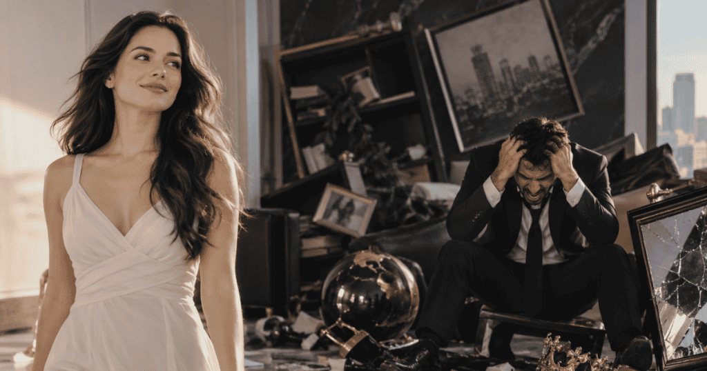 A woman in a white dress walks away poised and radiant while a man in a suit collapses in anguish amidst the ruins of a destroyed room, visually contrasting unbothered elevation with self-inflicted ruin.