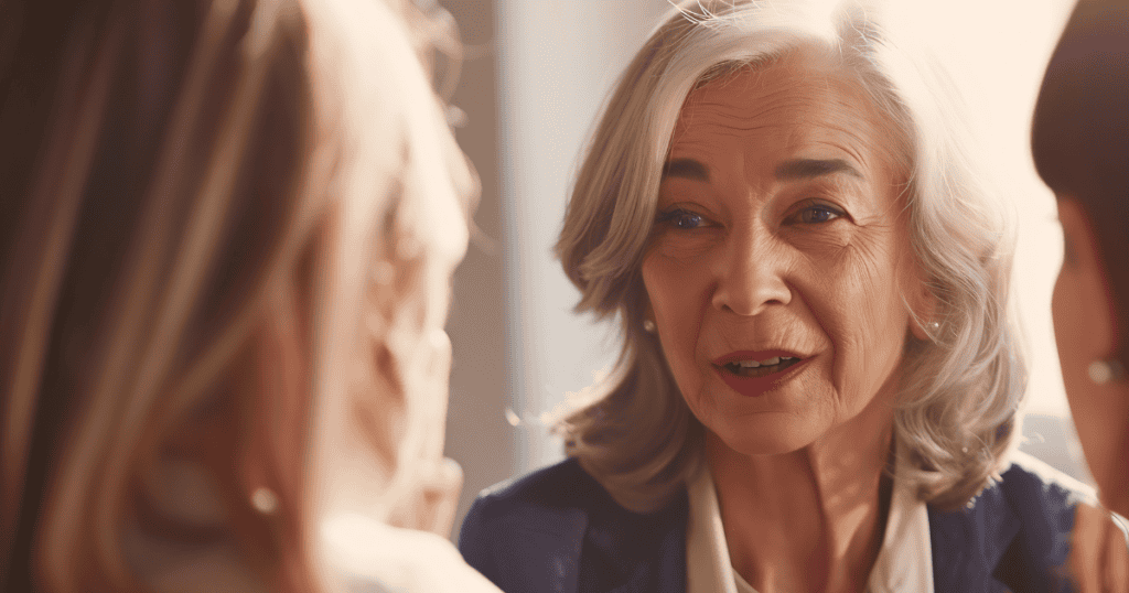 A senior woman speaks intently to listeners in warm lighting with an earnest yet defensive expression, portraying how boundary-setting and departure are reframed as personal betrayal.