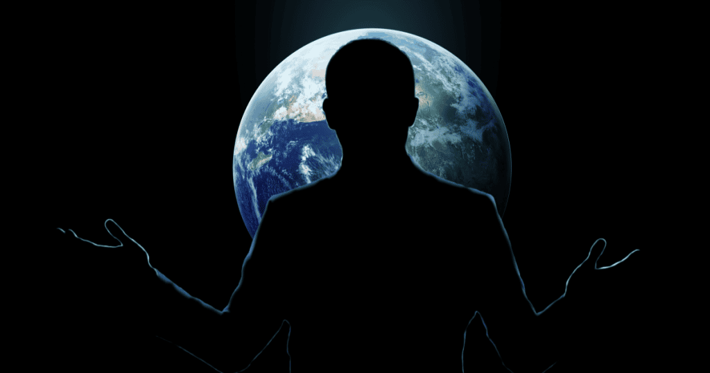 A shadowy silhouette of a man stands with open arms against the glowing backdrop of planet Earth, visually representing the grandiose worldview that places oneself at the center of everything.