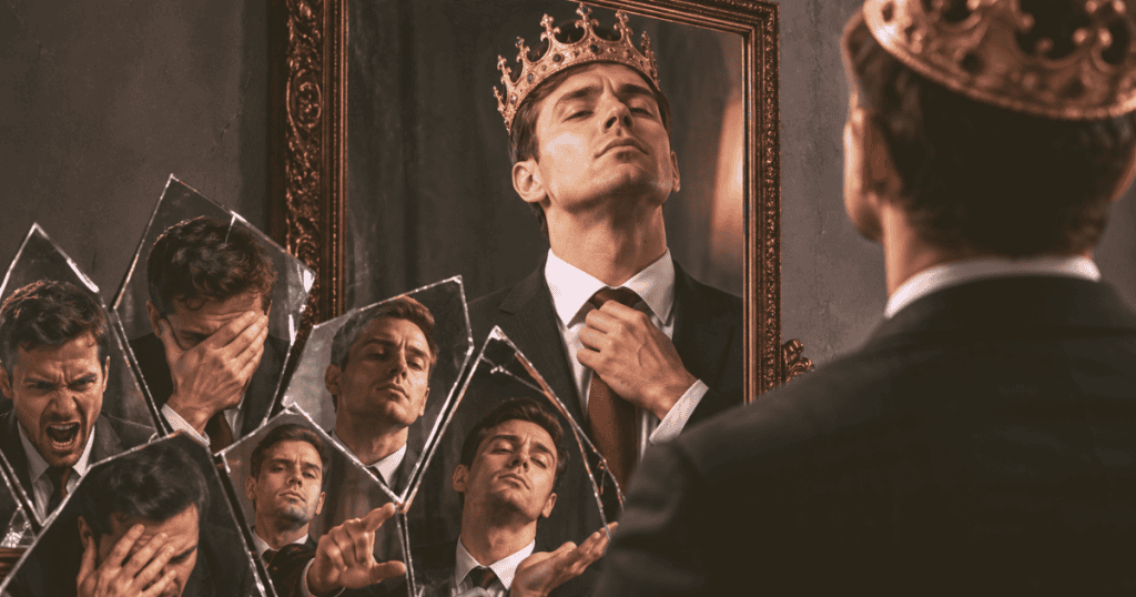 A man wearing a golden crown adjusts his tie in front of a shattered mirror reflecting fractured, agonizing faces, capturing the polished facade maintained above inner turbulence.