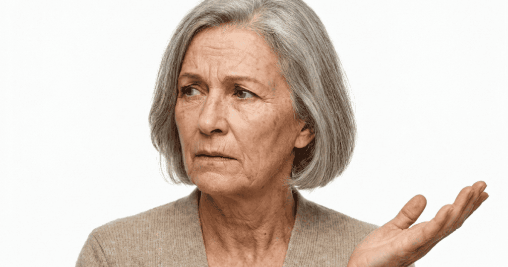 A gray-haired woman raises an open palm with a skeptical, dismissive grimace against a white background, capturing the nonverbal invalidation of a condescending sigh or scoff.