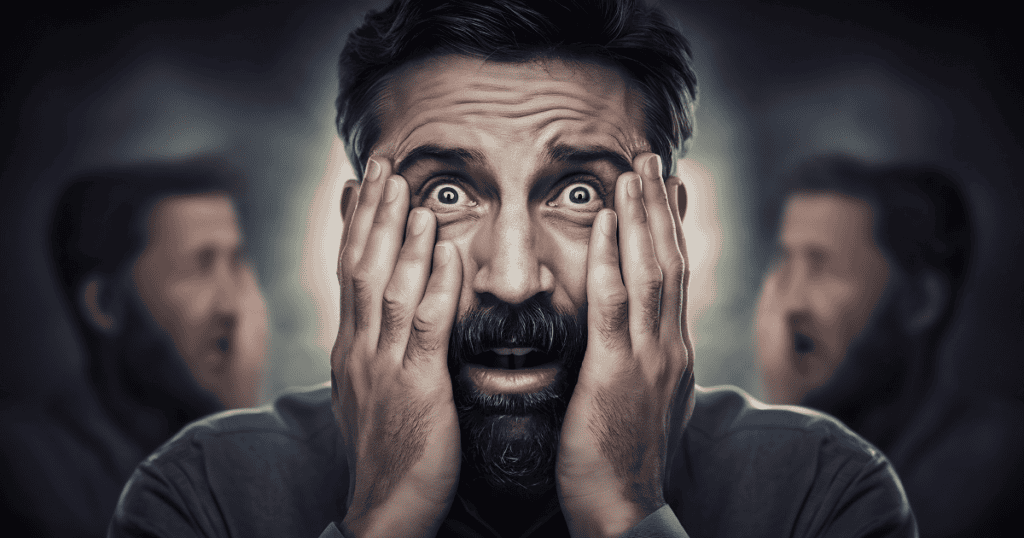 A bearded man clutches both sides of his face with wide, terrified eyes flanked by ghosted silhouettes, portraying the acute panic of losing external validation and control.