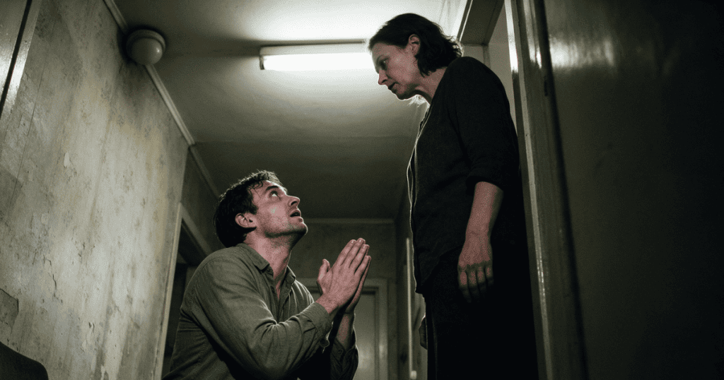 A man kneels on the floor with clasped hands pleading upward toward a stoic woman standing in a doorway, depicting a desperate attempt to re-establish control when a partner prepares to leave.