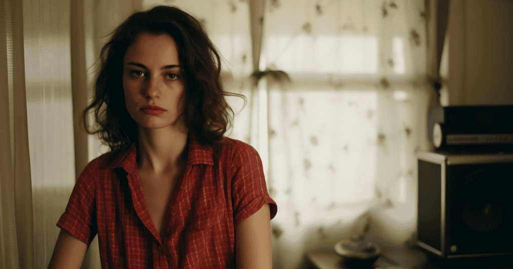 A woman stands in dim, warm light with a solemn, guarded expression, hinting that this pattern of exploitation traces back further than the narcissist themselves.