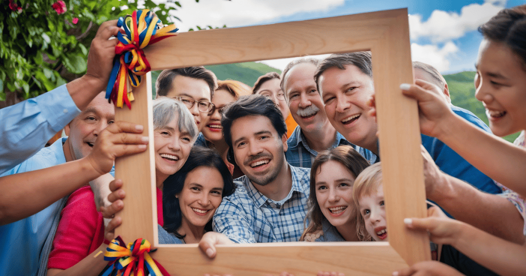 A large family huddles together inside a wooden picture frame with forced, cheerful smiles, capturing the carefully staged performance required to maintain an external illusion of harmony.